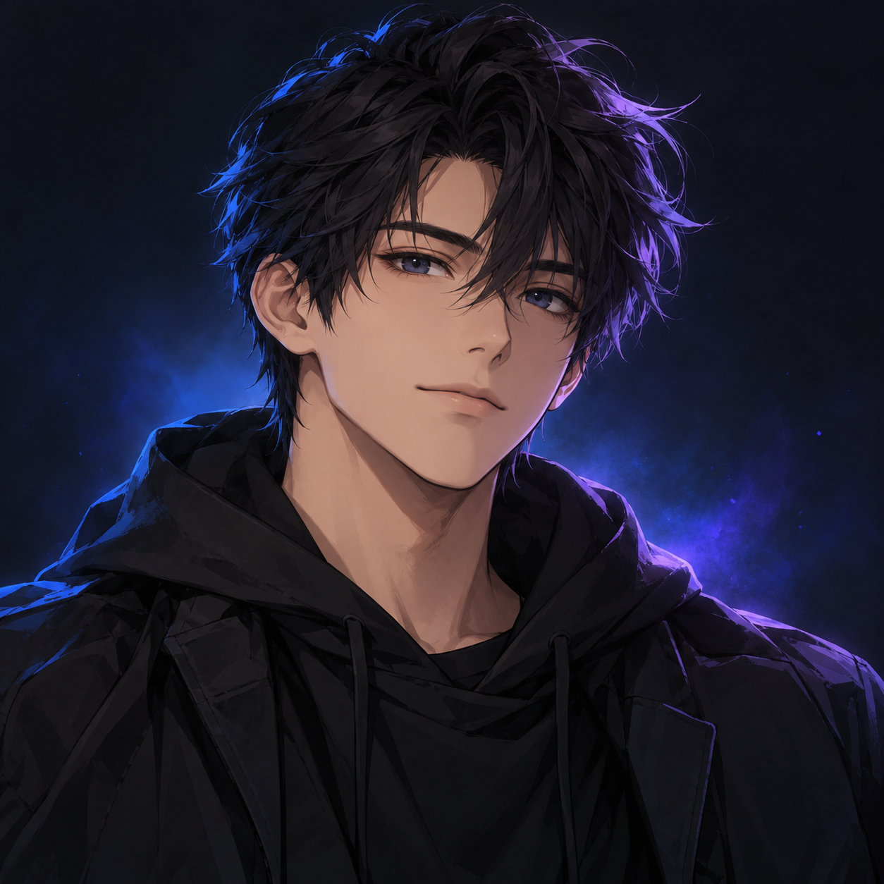 Anime-style illustration of a developer in dark clothing with electric-blue and violet lighting against a dark background