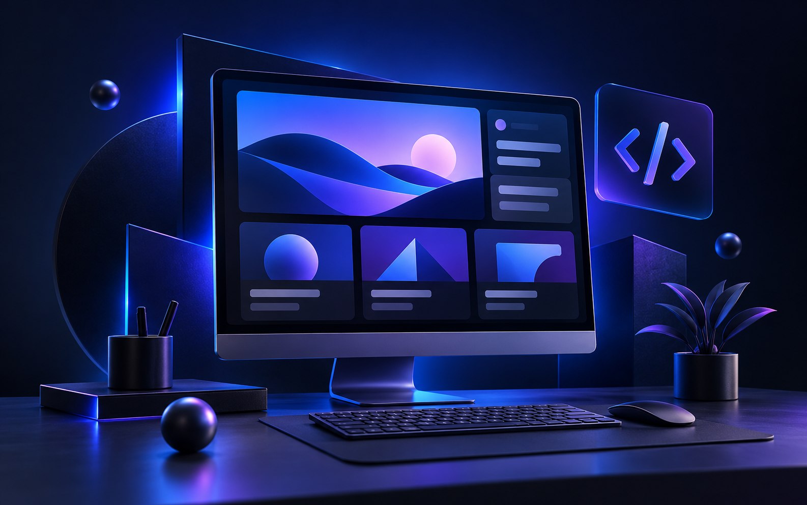 Illustration of a desktop portfolio layout beside a code symbol, with blue and violet lighting