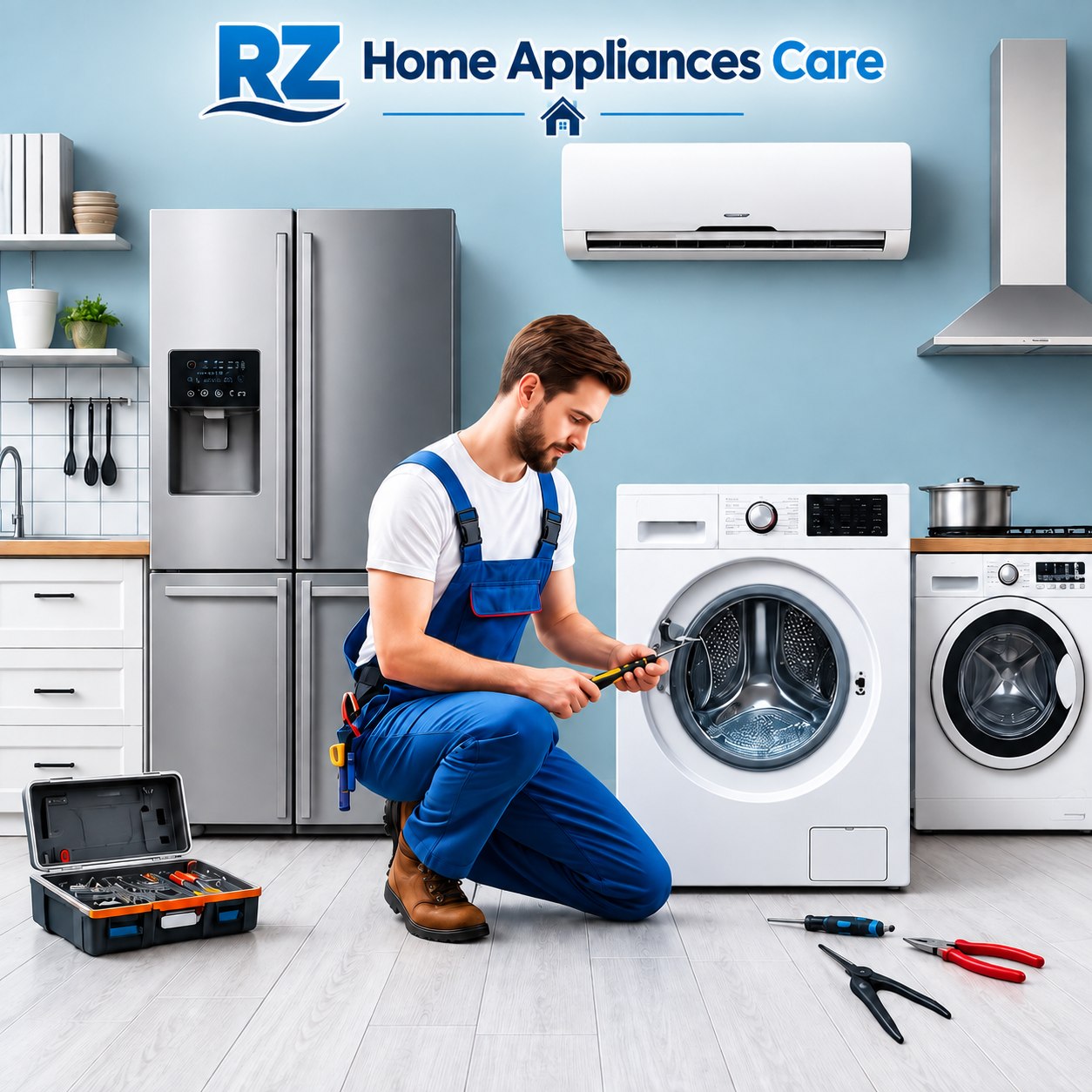 RZ Home Appliances Care technician repairing a washing machine in a home appliance showroom