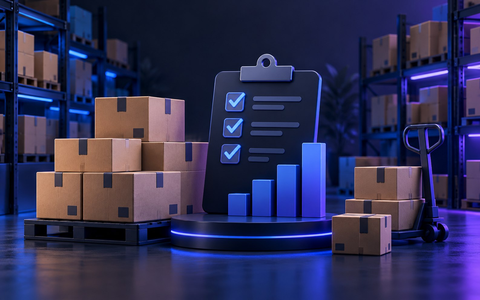 Illustration of warehouse boxes and an inventory checklist with blue and violet lighting